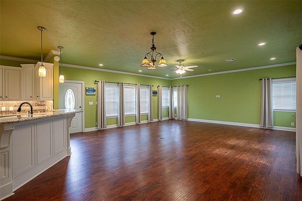 Chandelier, Empty room, Interior, Kitchen, Pendant Lights, Recessed Lighting, Wood Texture Flooring