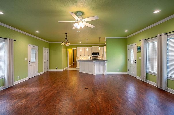 Empty room, Interior, Kitchen, Pendant Lights, Recessed Lighting, Wood Texture Flooring
