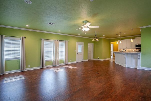 Empty room, Interior, Kitchen, Pendant Lights, Recessed Lighting, Wood Texture Flooring