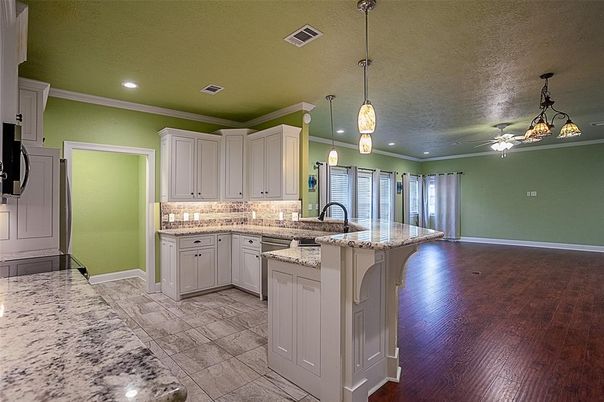 Interior, Kitchen, Pendant Lights, Recessed Lighting, Wood Texture Flooring