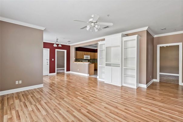 Empty room, Interior, Kitchen, Pendant Lights, Wood Texture Flooring