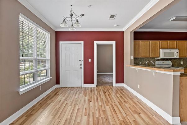 Empty room, Interior, Kitchen, Pendant Lights, Wood Texture Flooring