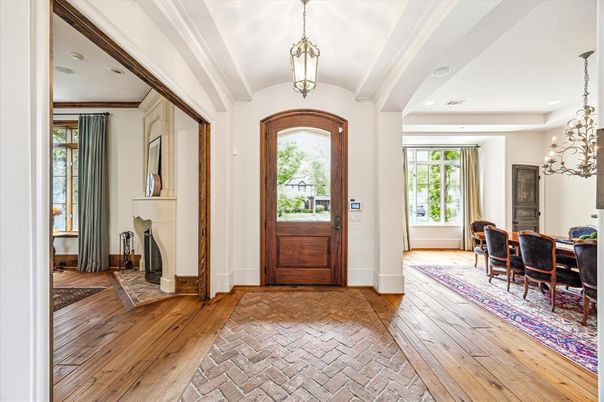 Dining room, Fireplace, Interior, Pendant Lights, Recessed Lighting, Wood Texture Flooring