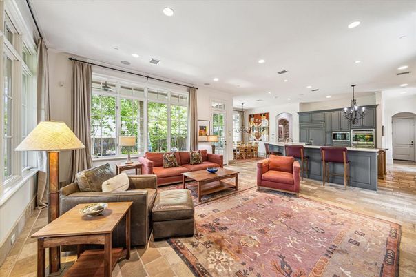Chandelier, Dining room, Interior, Kitchen, Living room, Pendant Lights, Recessed Lighting, Wood Texture Flooring