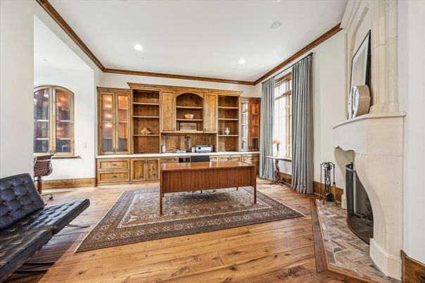 Fireplace, Home Office, Interior, Recessed Lighting, Wood Texture Flooring