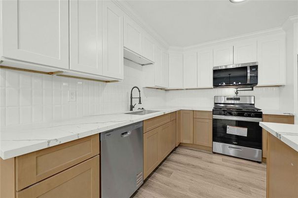 Interior, Kitchen, Recessed Lighting, Stainless Steel Appliances, Wood Texture Flooring