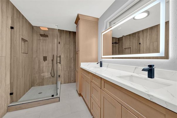 Bathroom, Dual Sink Vanities, Glass Shower, Interior