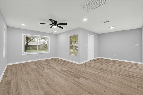 Empty room, Interior, Recessed Lighting, Wood Texture Flooring