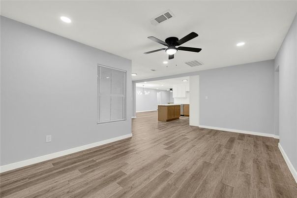 Empty room, Interior, Kitchen, Pendant Lights, Recessed Lighting, Wood Texture Flooring