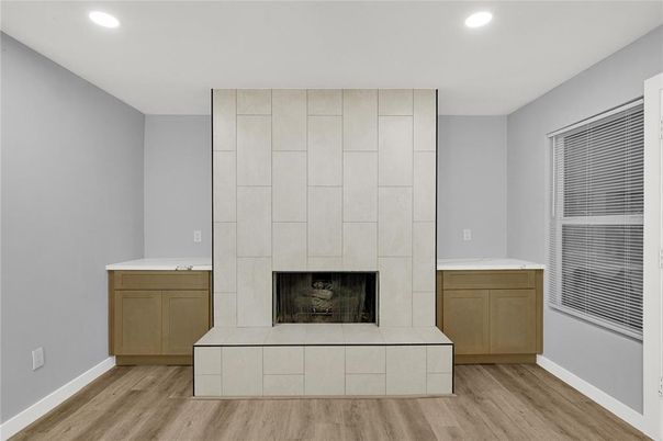 Empty room, Fireplace, Interior, Recessed Lighting, Wood Texture Flooring