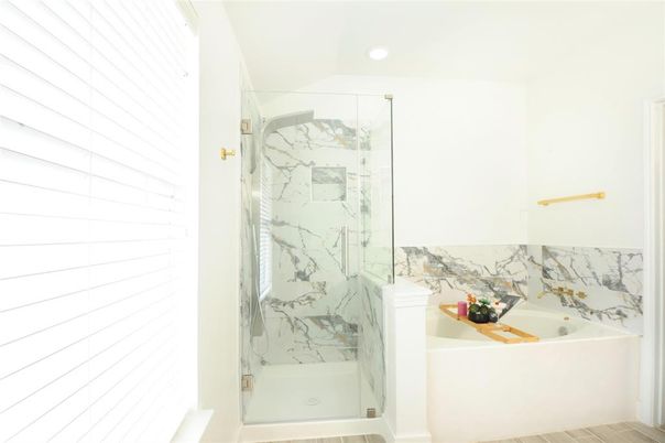 Bathroom, Glass Shower, Interior, Marble Walls, Recessed Lighting