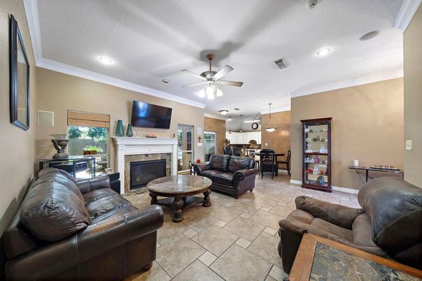 Fireplace, Interior, Kitchen, Living room, Pendant Lights, Recessed Lighting