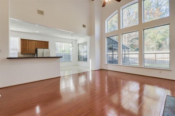 Empty room, Interior, Kitchen, Pendant Lights, Recessed Lighting, Wood Texture Flooring