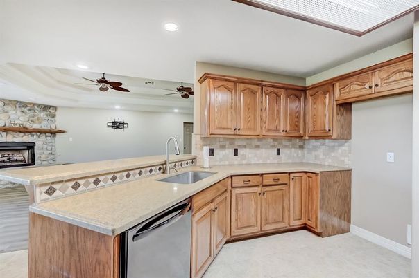 Fireplace, Interior, Kitchen, Recessed Lighting, Stone Walls