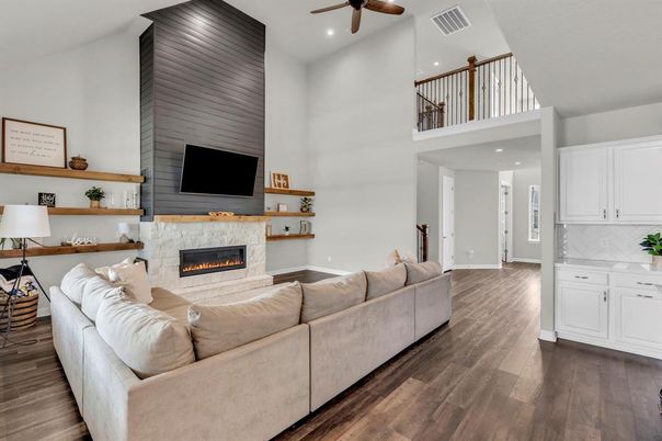 Fireplace, Interior, Living room, Recessed Lighting, Wood Texture Flooring