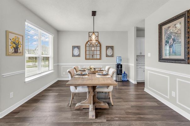 Dining room, Interior, Pendant Lights, Wood Texture Flooring
