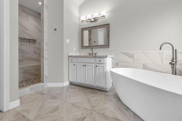 Bathroom, Dual Sink Vanities, Free Standing Baths, Interior, Marble, Marble Walls, Recessed Lighting