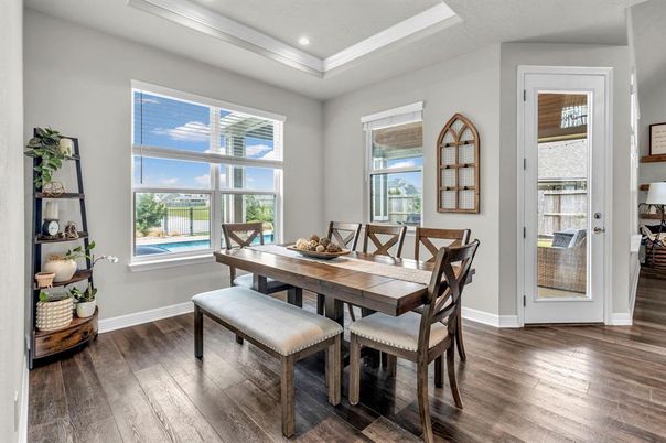 Dining room, Interior, Recessed Lighting, Wood Texture Flooring