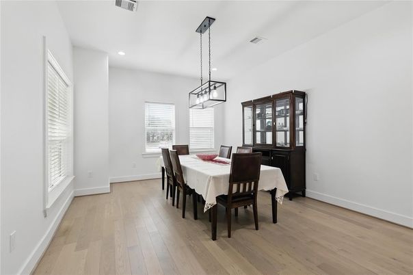 Dining room, Interior, Pendant Lights, Recessed Lighting, Wood Texture Flooring