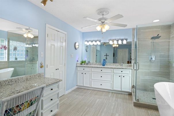 Bathroom, Dual Sink Vanities, Glass Shower, Interior, Recessed Lighting