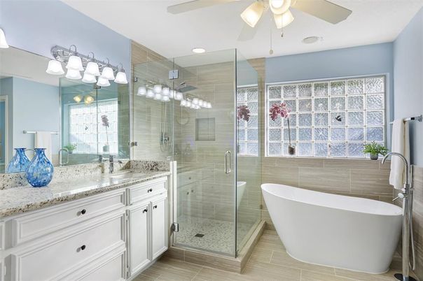 Bathroom, Dual Sink Vanities, Free Standing Baths, Glass Shower, Interior, Recessed Lighting