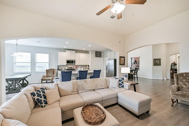 Dining room, Interior, Kitchen, Living room, Pendant Lights, Recessed Lighting, Stainless Steel Appliances, Wood Texture Flooring