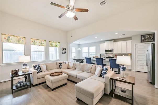 Dining room, Interior, Kitchen, Living room, Pendant Lights, Recessed Lighting, Stainless Steel Appliances, Wood Texture Flooring