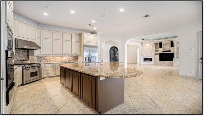 Fireplace, Interior, Kitchen, Recessed Lighting, Stainless Steel Appliances