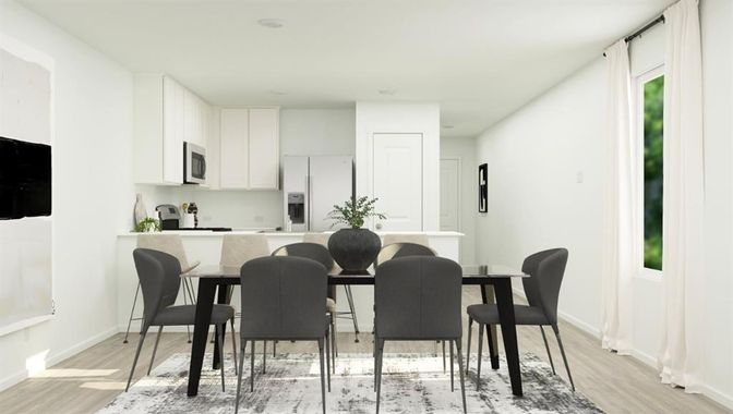 Dining room, Interior, Kitchen, Recessed Lighting, Wood Texture Flooring