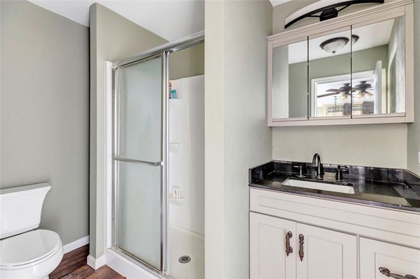 Bathroom, Glass Shower, Interior, Wood Texture Flooring