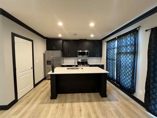 Interior, Kitchen, Recessed Lighting, Stainless Steel Appliances, Wood Texture Flooring