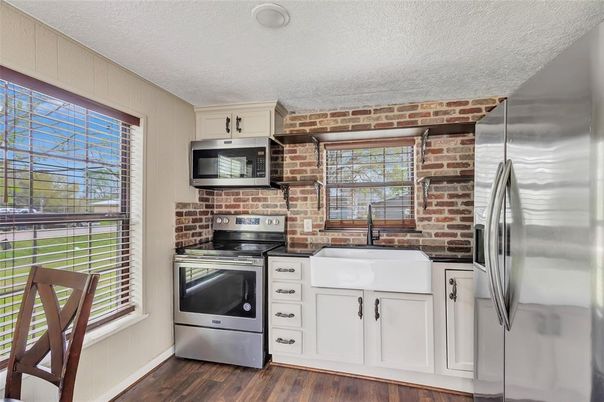 Interior, Kitchen, Stainless Steel Appliances, Stone Walls, Wood Texture Flooring