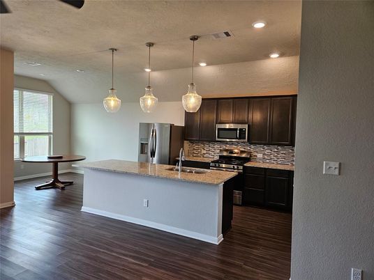 Interior, Kitchen, Pendant Lights, Recessed Lighting, Stainless Steel Appliances, Wood Texture Flooring