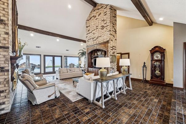 Fireplace, Interior, Living room, Recessed Lighting, Stone Walls, Wooden Beams