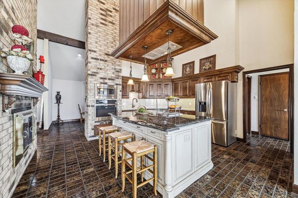 Fireplace, Interior, Kitchen, Pendant Lights, Stainless Steel Appliances