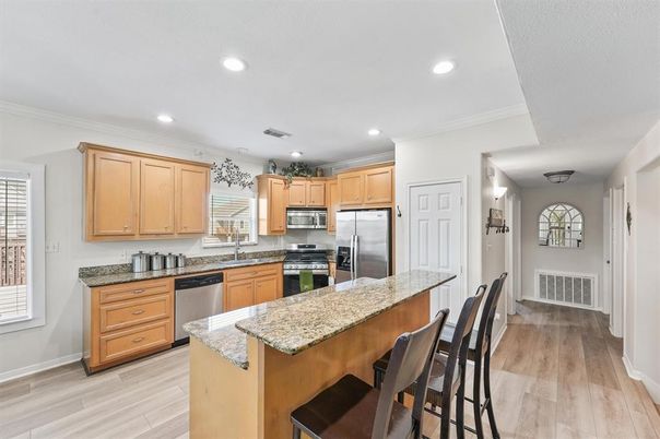 Interior, Kitchen, Recessed Lighting, Stainless Steel Appliances, Wood Texture Flooring