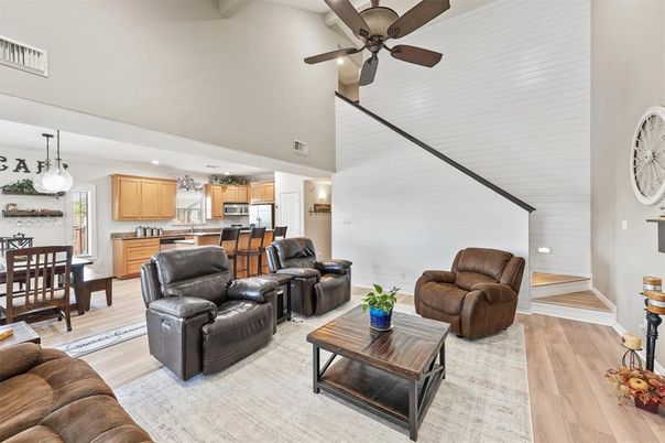 Dining room, Interior, Kitchen, Living room, Pendant Lights, Stainless Steel Appliances, Wood Texture Flooring