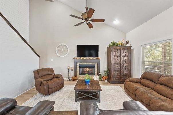 Fireplace, Interior, Living room, Recessed Lighting, Wood Texture Flooring