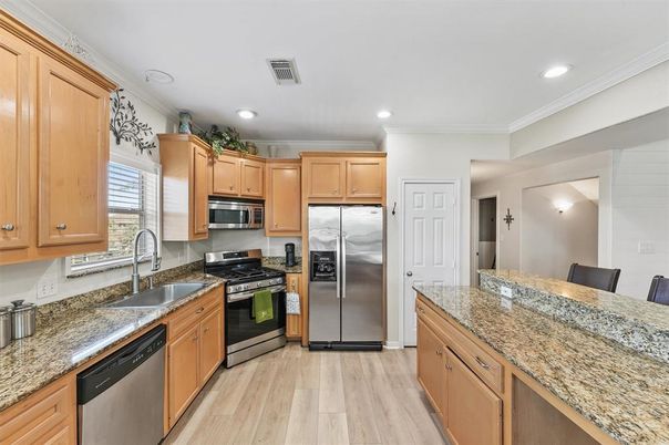 Interior, Kitchen, Recessed Lighting, Stainless Steel Appliances, Wood Texture Flooring