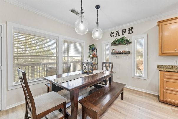Dining room, Interior, Pendant Lights, Wood Texture Flooring