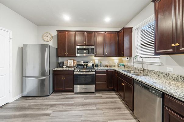 Interior, Kitchen, Recessed Lighting, Stainless Steel Appliances, Wood Texture Flooring