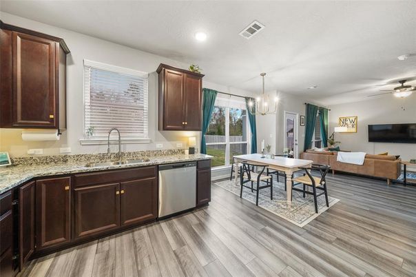Chandelier, Dining room, Interior, Kitchen, Living room, Pendant Lights, Recessed Lighting, Wood Texture Flooring