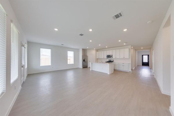 Empty room, Interior, Kitchen, Recessed Lighting, Wood Texture Flooring