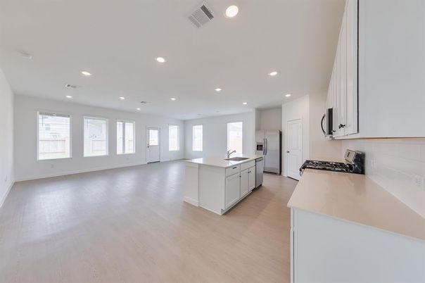Empty room, Interior, Kitchen, Recessed Lighting, Wood Texture Flooring