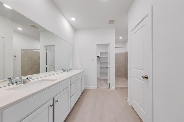 Bathroom, Dual Sink Vanities, Interior, Recessed Lighting, Walk-in Closets, Wood Texture Flooring