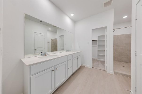 Bathroom, Dual Sink Vanities, Interior, Recessed Lighting, Walk-in Closets, Wood Texture Flooring