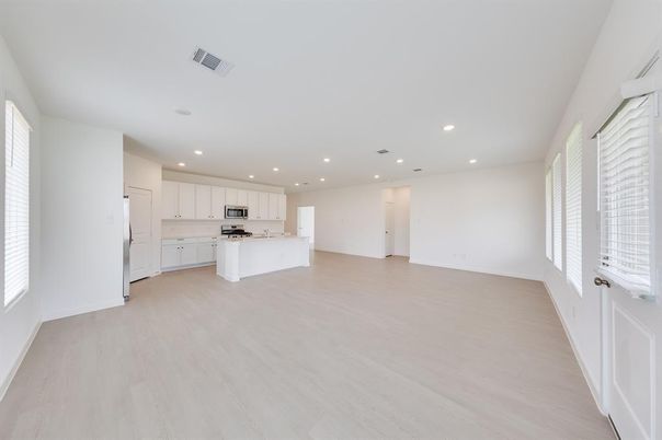 Empty room, Interior, Kitchen, Recessed Lighting, Wood Texture Flooring