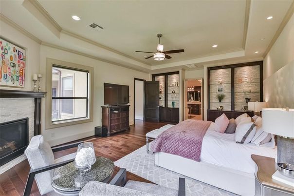 Bedroom, Fireplace, Interior, Recessed Lighting, Wood Texture Flooring