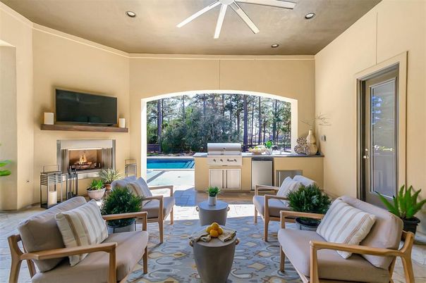 Fireplace, Interior, Living room, Pool, Recessed Lighting