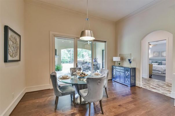 Bedroom, Dining room, Interior, Pendant Lights, Wood Texture Flooring